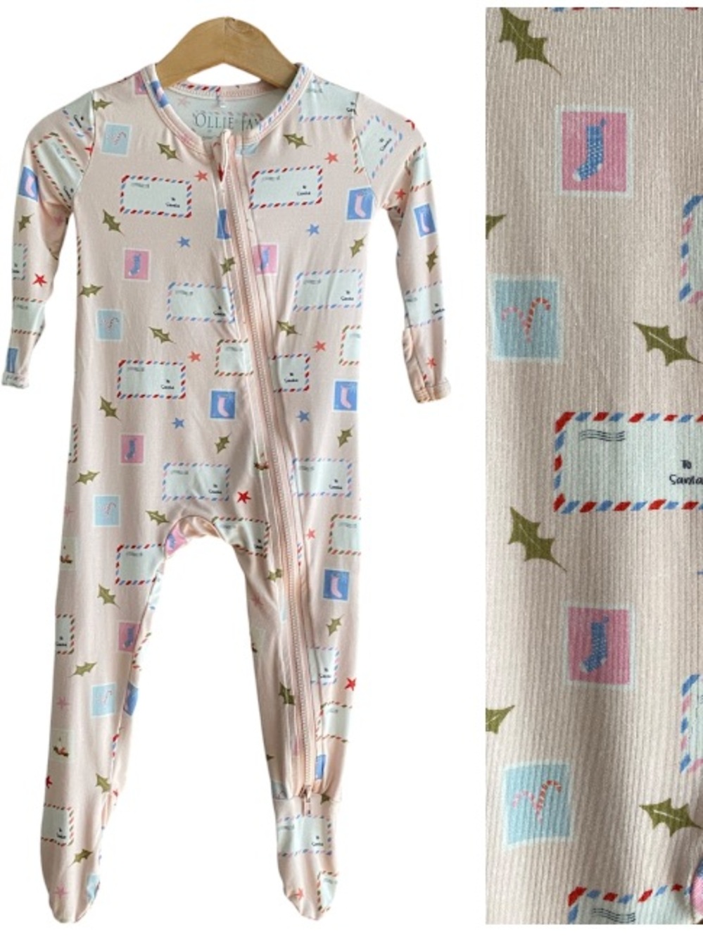 Ollie Jay Pink Postcards To Santa Bamboo Double Zip Footie Pajamas 6-12 months